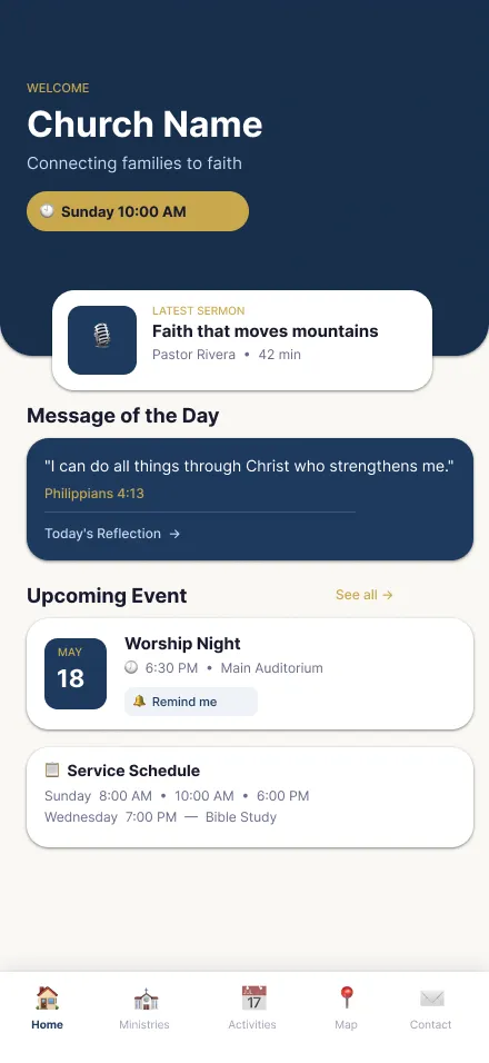 Pantalla de inicio de la Church App