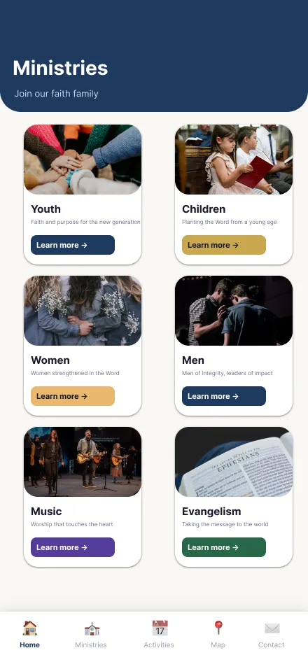Pantalla de ministerios de la Church App