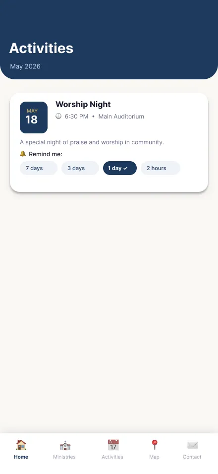 Pantalla de actividades de la Church App