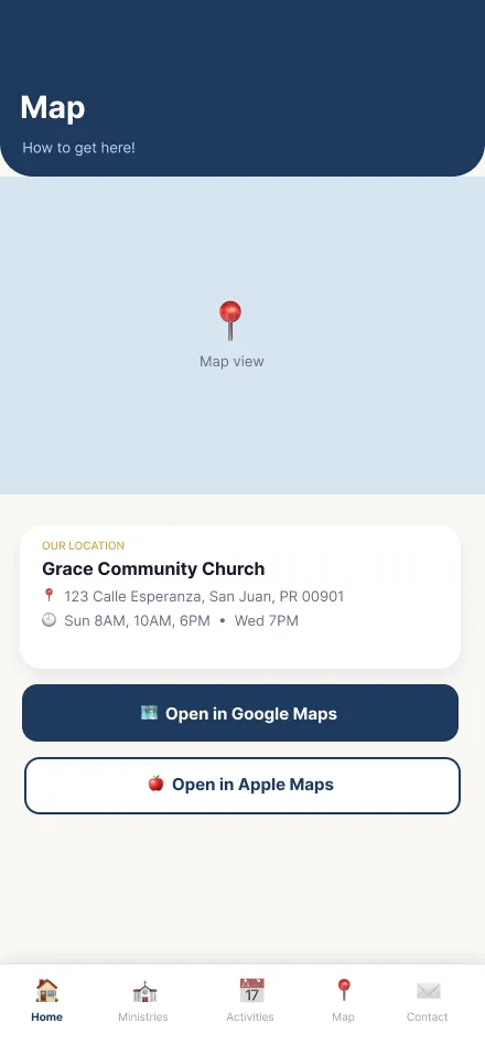 Pantalla de mapa de la Church App