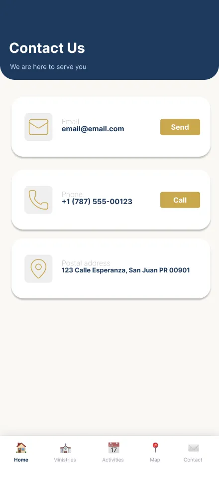 Pantalla de contacto de la Church App