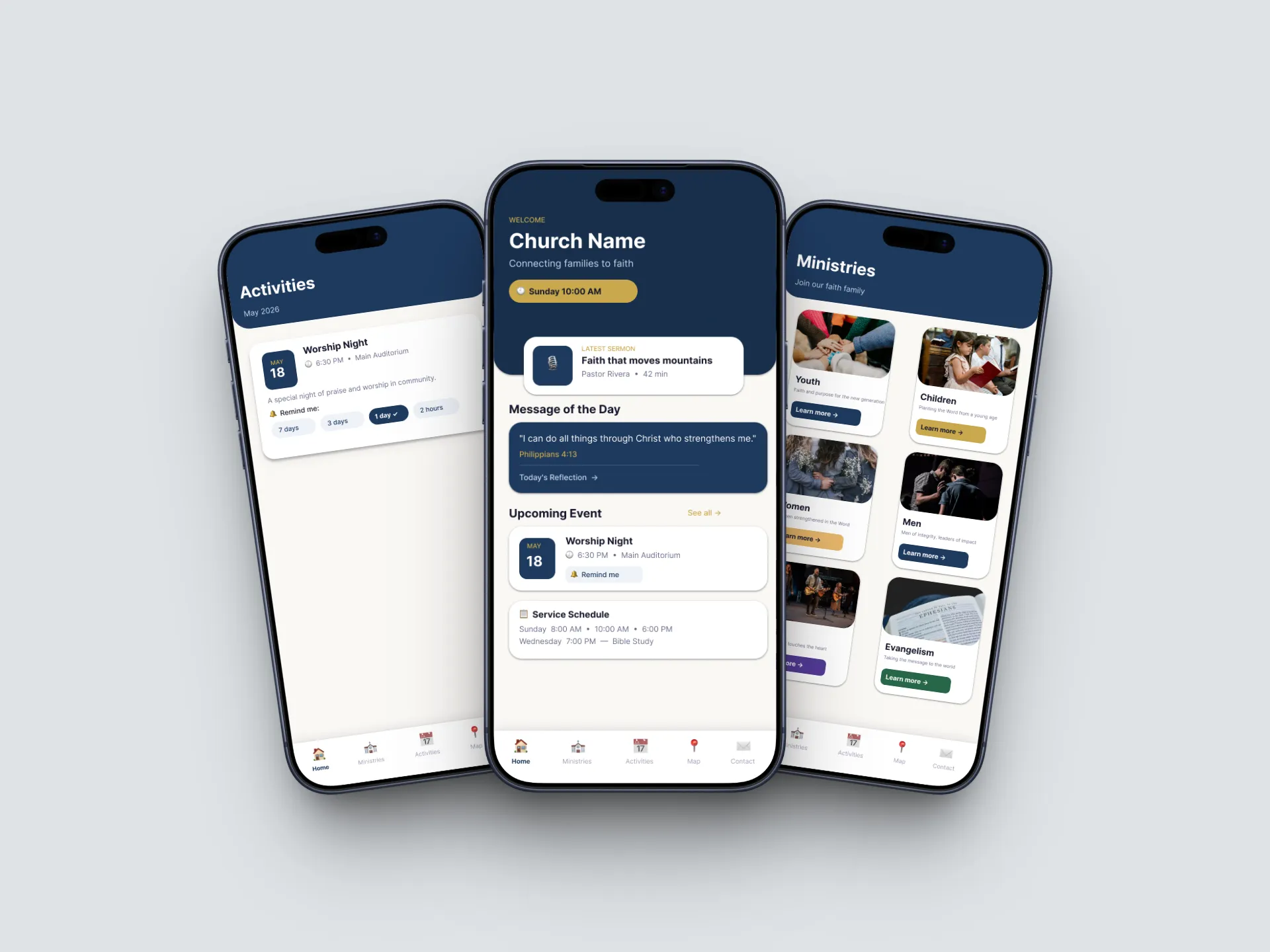 Pantallas de inicio, ministerios y actividades de la Church App